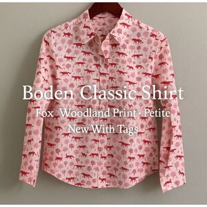 Boden Women's US 6P Pink Woodland Fox Print Button Down Shirt Classic Preppy NWT
